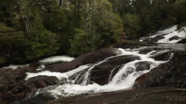 Los Cantaros 'un manzarası. Nahuel Huapi Ulusal Parkı 'ndaki şelale manzarası, Bariloche, Patagonya Arjantin. Beyaz su kayalar ve orman boyunca akıyor..