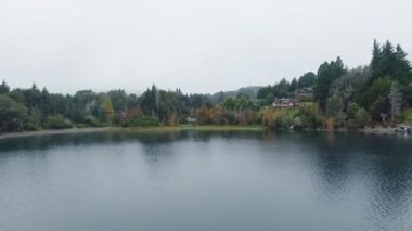Sabahın erken saatlerinde sisle birlikte göl ve ormanın havadan görünüşü. Kıyı şeridi manzarası ve ormandaki evler. Su yüzeyinde güzel bir manzara yansıması.