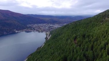 Karanlık çöktüğünde Lacar Gölü ve San Martin de los Andes köyünün havadan görüntüsü. And Dağlarının ve yeşil ormanın güzel alacakaranlık ışıklarıyla manzarası.