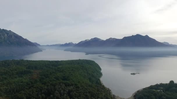 Luftaufnahme Des Grünen Waldes Des Sees Und Der Berge Einem — Stockvideo