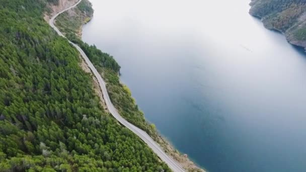 Αεροφωτογραφία Του Άδειου Δρόμου Δίπλα Στη Λίμνη Lacar Και Απέναντι — Αρχείο Βίντεο