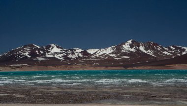 Alp manzarası. And Dağları 'nın çok yüksek kesimindeki Green Lagoon adı verilen turkuaz buzul gölü manzarası. Kayalık kıyı, dalgalar ve derin mavi gökyüzünün altında karlı zirveleri olan dağlar.