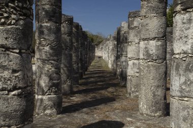 Maya antik şehir kalıntıları. Chichen Itza Arkeoloji Bölgesi, Yucatan, Meksika 'daki Savaşçılar Tapınağı' ndaki sütunlar..