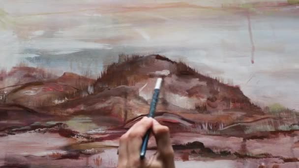 Modern Sanat Yaratıcılık Dağları Resmeden Doğal Bir Manzara Olan Fırçayla — Stok video