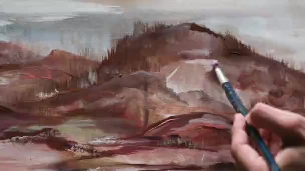 Umění Malování Ateliéru Umění Detailní Pohled Malbu Štětcem Podél Zobrazující — Stock video