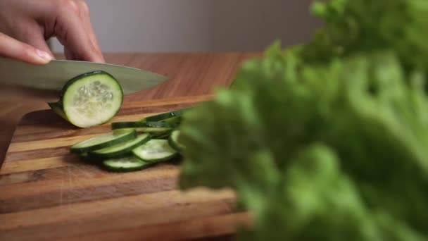 Kulinarne Zdjęcie Bliska Kobiety Krojącej Ogórka Stalowym Nożem Drewnianą Deską — Wideo stockowe