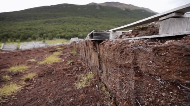 Abandoned Peat Factory Closeup View Red Peat Terraces Mountains — Stock Video