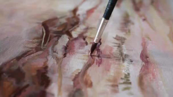 Kunst Malen Atelier Nahaufnahme Der Pinselmalerei Entlang Die Eine Natürliche — Stockvideo