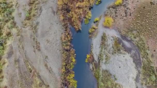 从空中俯瞰流过山谷和群山的河流 巴塔哥尼亚的土路 黄色的草地 山丘和岩石悬崖 — 图库视频影像