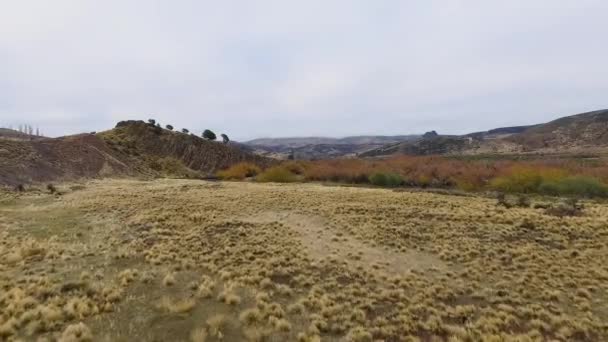 谷と山の間を流れる川の空中ビュー パタゴニアの未舗装道路 黄色の牧草地 丘や岩の崖の景色 — ストック動画