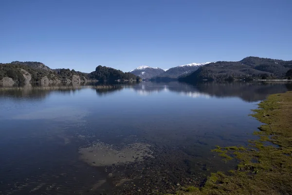 Widok Jezioro Las Góry Słoneczny Dzień Głębokim Błękitnym Niebem — Zdjęcie stockowe