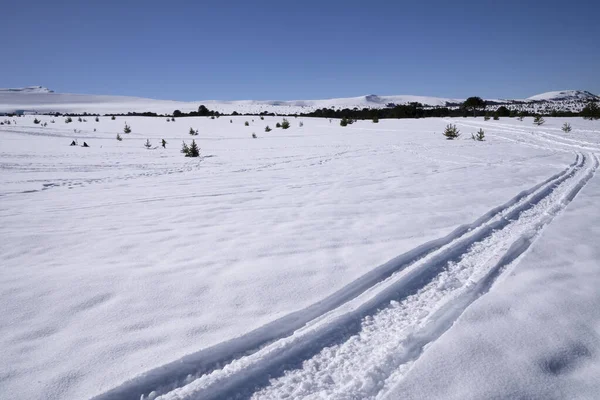 Vista Pistas Motos Nieve Campo Nieve Montaña Invierno — Foto de Stock