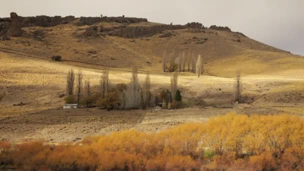 Sielankowy Krajobraz Wiejski Ranczo Złotej Dolinie Widok Gospodarstwo Wzgórza Żółtą — Wideo stockowe