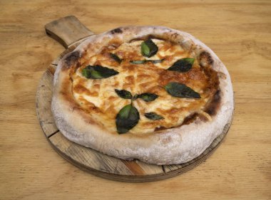 Geleneksel Margherita pizzası. Mozarella ve parmesan peynirli, domates soslu ve fesleğenli bir pizzanın ahşap masa üzerindeki yakın görüntüsü..