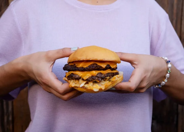 American Food Closeup View Woman Holding Giant Burger Meat Cheddar — Φωτογραφία Αρχείου