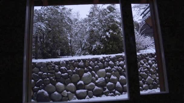 Obserwując Śnieg Padający Lesie Przez Ramę Okna — Wideo stockowe