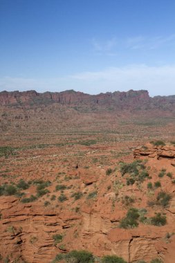 Dik kanyon. Kızıl çöl manzarası, uçurumlar, turuncu kumtaşı oluşumları ve ufuktaki kayalık dağlar San Luis, Arjantin 'deki Sierra de las Quijadas Ulusal Parkı.