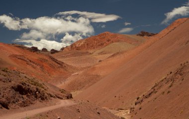 And Dağları 'nın yüksek kordillerası. Laguna Brava, La Rioja, Arjantin 'deki kurak çöl, kum tepeleri, v şekli vadi, kahverengi, kırmızı ve turuncu dağlar ve kaya oluşumu. 
