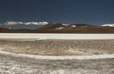 Kordillerada doğal tuz tarlaları. La Rioja, Arjantin 'deki beyaz tuz düzlükleri ve kahverengi dağların manzarası.