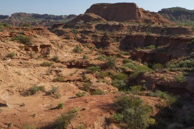 Kızıl çöl. Açık mavi gökyüzünün altındaki kanyon kumtaşı ve kaya oluşumlarının görüntüsü. 