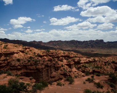 Çöl manzarası. Mavi gökyüzünün altındaki kırmızı kanyon, kumtaşı ve kayalık dağlar.. 