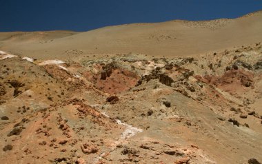 Jeoloji. And Dağları 'nın tepesinde. Kahverengi dağ ve renkli minerallerle kayalıkların yakın görüntüsü.