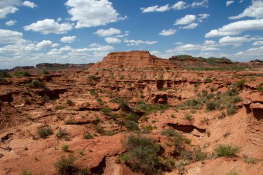 Seyahat et. Çöl manzarası. Kızıl çöl manzarası, kumtaşı, uçurumlar ve mavi gökyüzünün altındaki kayalık dağlar..