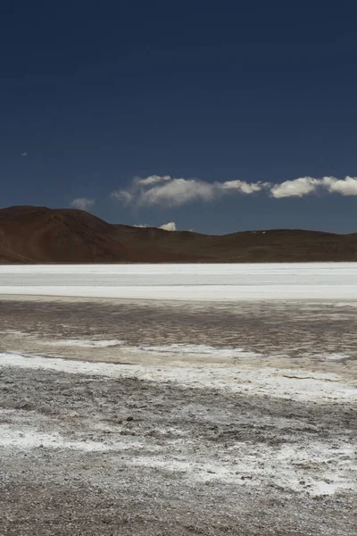 白色的沙漠天然盐滩在丛林中 纵观深蓝色天空下的白色盐田和棕色的群山 — 图库照片
