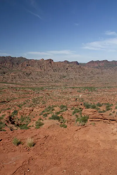 Пустынный Пейзаж Вид Красный Каньон Песчаные Скалистые Скалы Горы Валуны — стоковое фото