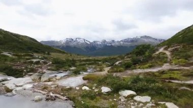 Alp manzarası. Buzul su akıntısının dağ zirvesindeki turkuaz göle açılan hava manzarası. Ufuktaki Alpler ve ormanlar.