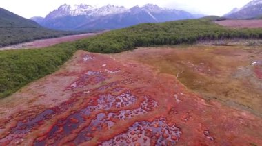 Tierra del Fuego, Patagonya Arjantin 'deki doğal turba tarlasının yukarıdan görüntüsü. Turbanın, bataklığın, ormanın ve dağların yoğun kırmızı rengini görebiliriz..