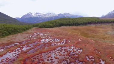Tierra del Fuego, Patagonya Arjantin 'deki doğal turba tarlasının yukarıdan görüntüsü. Turbanın, bataklığın, ormanın ve dağların yoğun kırmızı rengini görebiliriz..