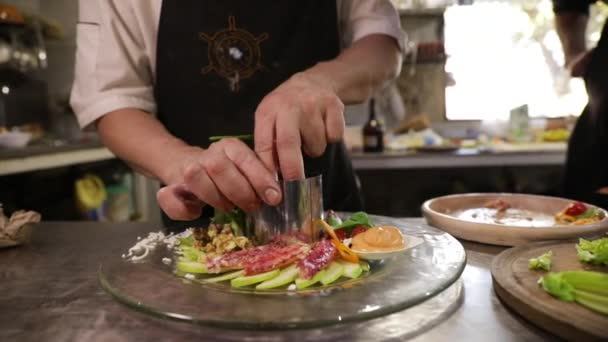 烹饪技巧 餐厅厨房内男性厨师手部未成型新鲜螃蟹馅饼的特写镜头 — 图库视频影像