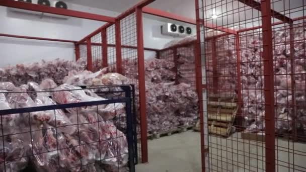 食品加工業界について 新鮮な屠殺された羊の死体は冷蔵庫の部屋に貯えられ 包まれ 販売の準備ができています — ストック動画