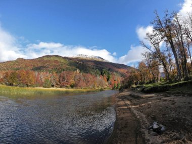 Falkner Gölü manzarası, kumlu plaj, sonbaharda dağlar ve orman, San Martn de los Andes, Patagonya, Arjantin. Ağaçların yapraklarında güzel sonbahar renkleri.
