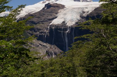 Alp manzarası. Tronador tepesindeki buzul Castano Overo beyaz buz tarlası manzarası. Yeşil orman ve eriyen buzul şelaleleri. 