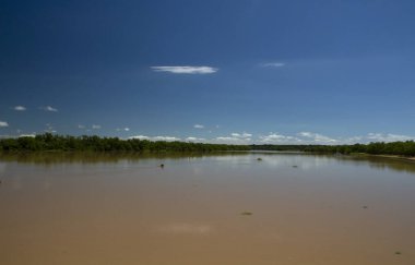 Doğadaki simetri. Açık mavi gökyüzünün altındaki Parana nehrinin panorama manzarası. Geniş nehir manzarası ve sudaki orman yansıması.