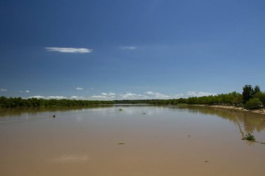 Açık mavi gökyüzünün altındaki kahverengi su nehri. Geniş nehir manzarası ve sudaki orman yansıması.