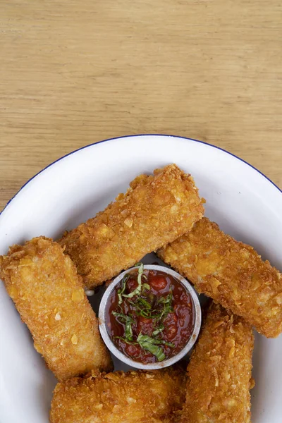 Top View Fried Mozzarella Cheese Fingers Red Spicy Dipping Sauce Stock Image