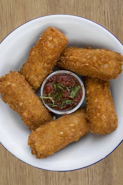 Top View Fried Mozzarella Cheese Fingers Red Spicy Dipping Sauce Royalty Free Stock Photos