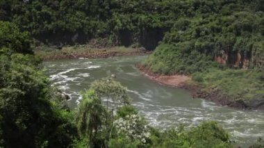 Turizm. Güney Amerika ormanındaki nehir manzarası. Arjantin ve Brezilya sınırındaki Iguazu Ulusal Parkı 'ndaki yeşil ve yemyeşil yağmur ormanları..