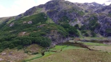 Alp manzarası. And Dağları 'nda ve Ushuaia, Tierra del Fuego, Patagonya, Arjantin' de yeşil ormanlarda akan doğal bir gölet ve akarsuyun hava görüntüsü..