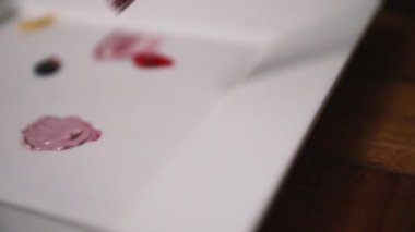 - Sanat. Yaratıcı süreç. Sanatçı resim yapmaya hazırlanıyor. Pembe boya yükleyen bir fırçanın yavaş çekim görüntüsü..