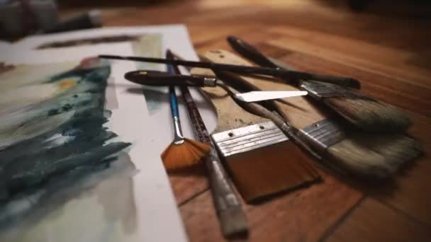Sanat Sanat Aletleri Hareket Atışı Ressamın Çalışma Odasının Zemininde Soyut — Stok video