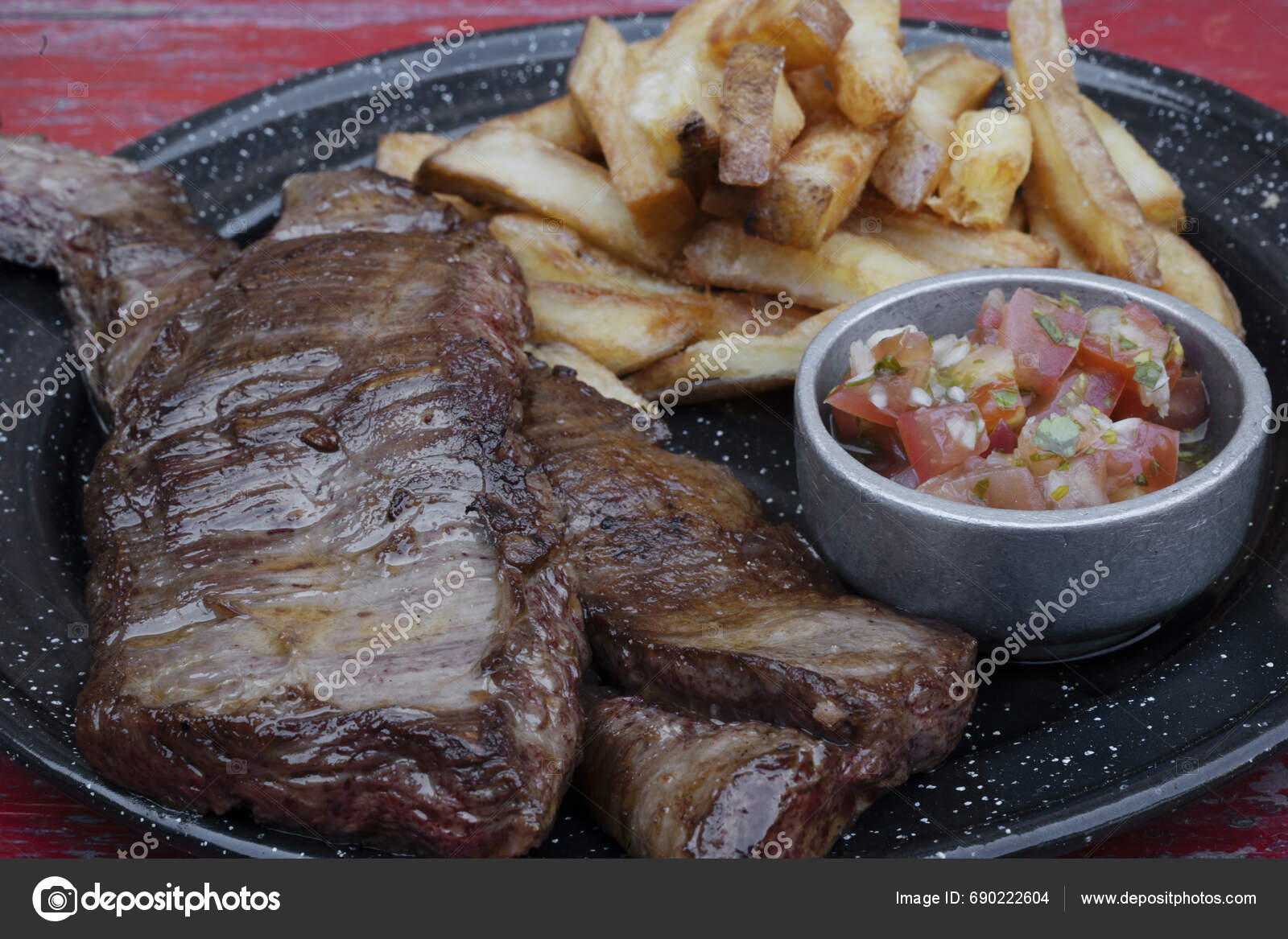 Grilled Meat Closeup View Skirt Steaks French Fries Criolla Sauce Stock