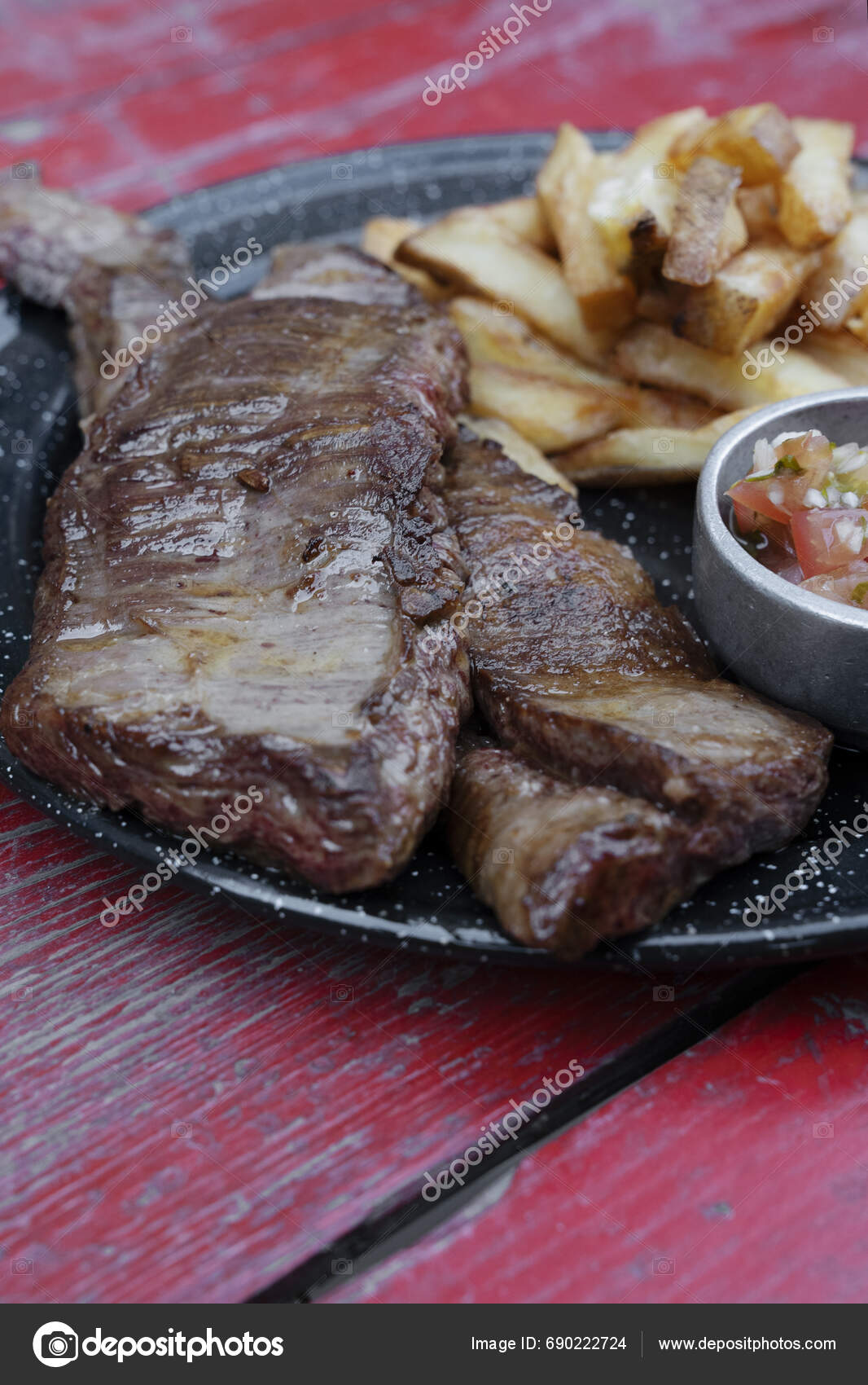 Grilled Meat Closeup View Skirt Steaks French Fries Criolla Sauce Stock