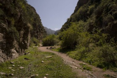 Dağlarda yürüyüş. Güneşli bir günde tepeler ve kanyon boyunca uzanan boş yolun görüntüsü, 