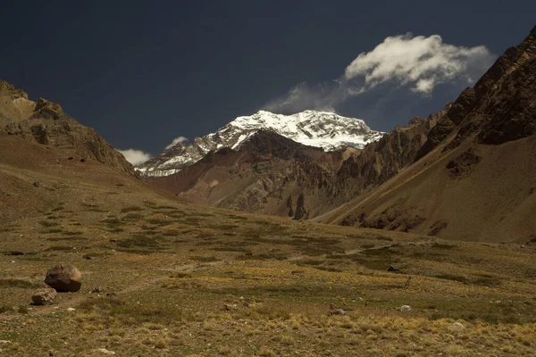 Der Verschneite Gipfel Des Aconcagua Und Die Goldene Talwiese Blick — Stockfoto
