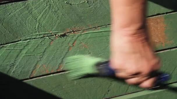 Una Mujer Pintando Mueble Madera Con Pincel Una Membrana Acrílica — Vídeos de Stock