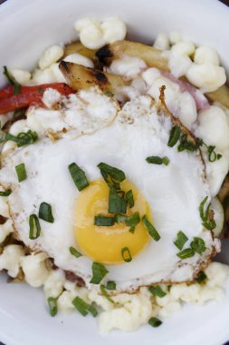 Gurme patates kızartması. Eritilmiş peynirli kızarmış patates, sucuk, dolmalık biber, soğan ve beyaz tabakta ızgara yumurta..